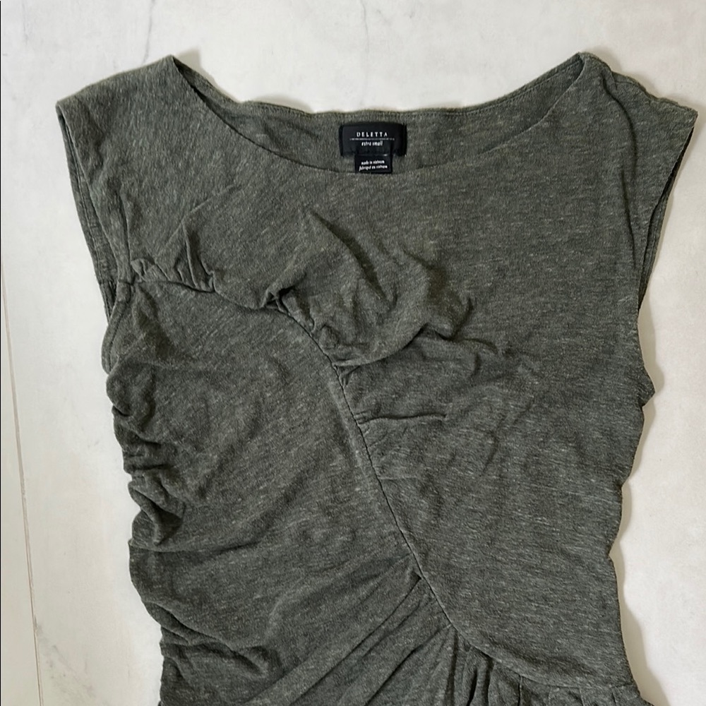 Deletta Green Asymmetrical Ruched Cap Sleeve Top